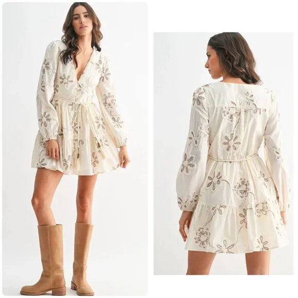 Camellia Embroidered 3D Floral Cottage Mini Dress Women Medium Cream Puff Sleeve - Picture 2 of 16